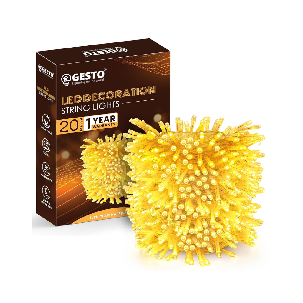 Gesto 20 Meter Led Serial String Lights – Waterproof Copper Wire Golden Lights for Home Decoration  Yellow Light for Diwali Decoration,Lights for Balcony Outdoor,Christmas – (Warm White  Pack of 1)
