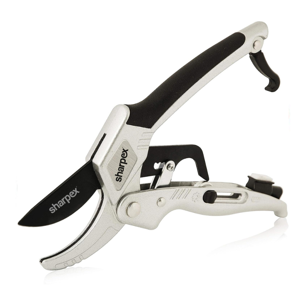 Sharpex Professional Ratchet Pruning Shears – Anvil Type with 3-Stage Ratcheting Mechanism for 5X Cutting Power, Ideal for Arthritis and Weak Hands (Silver) (Aluminium)