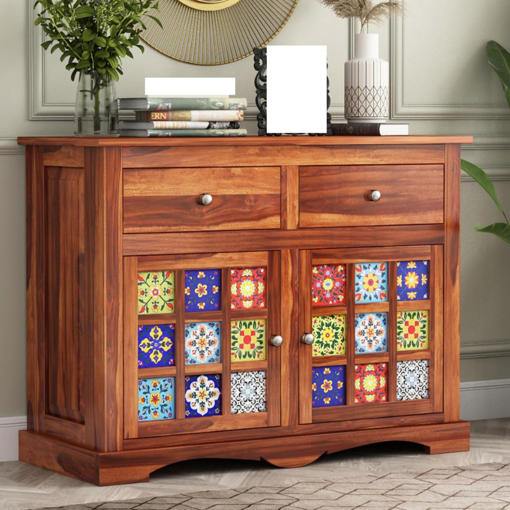 Bedosoft Furniture Solid Sheesham Wood Wooden Cabinet Sideboard with 2 Drawers and 2-Door Storage for Your Living Room, Bedroom (Design 60)