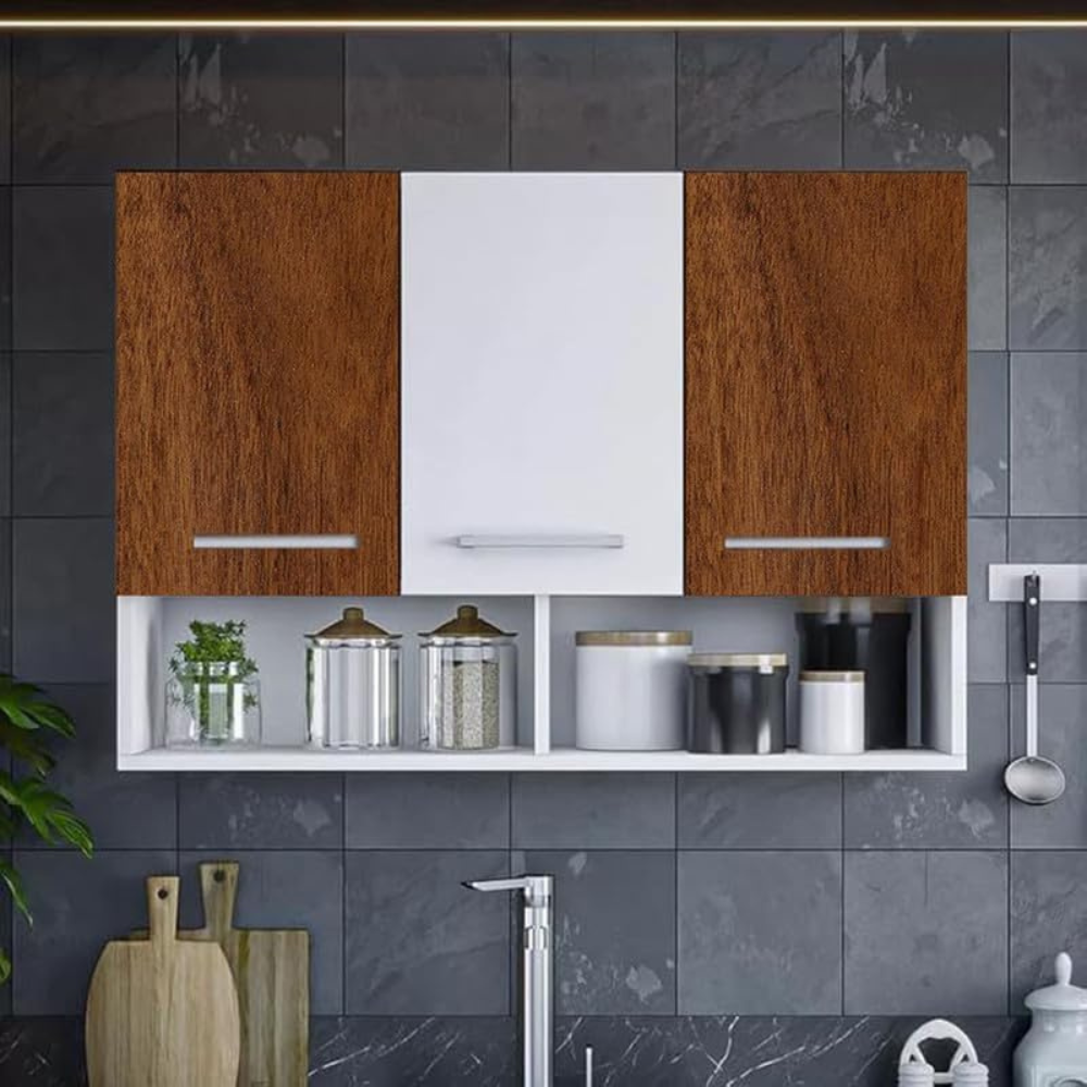 Divysa 3 Door Multipurpose Wall Mounted Cabinet with Open Shelf | Storage for Kitchen, Bathroom, Bedroom, Office & Living Room | Color: Cherry Pine & White