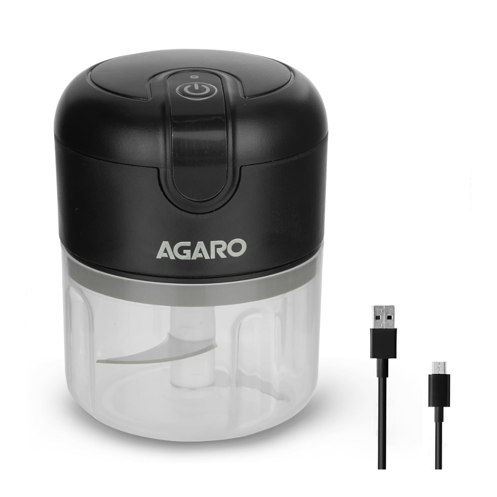AGARO Elite Rechargeable Mini Electric Chopper, Food Grade Bowl, Stainless Steel Blades, One Touch Operation, for Mincing Garlic, Ginger, Onion, Vegetable, Meat, Nuts, 250 Ml, Black.