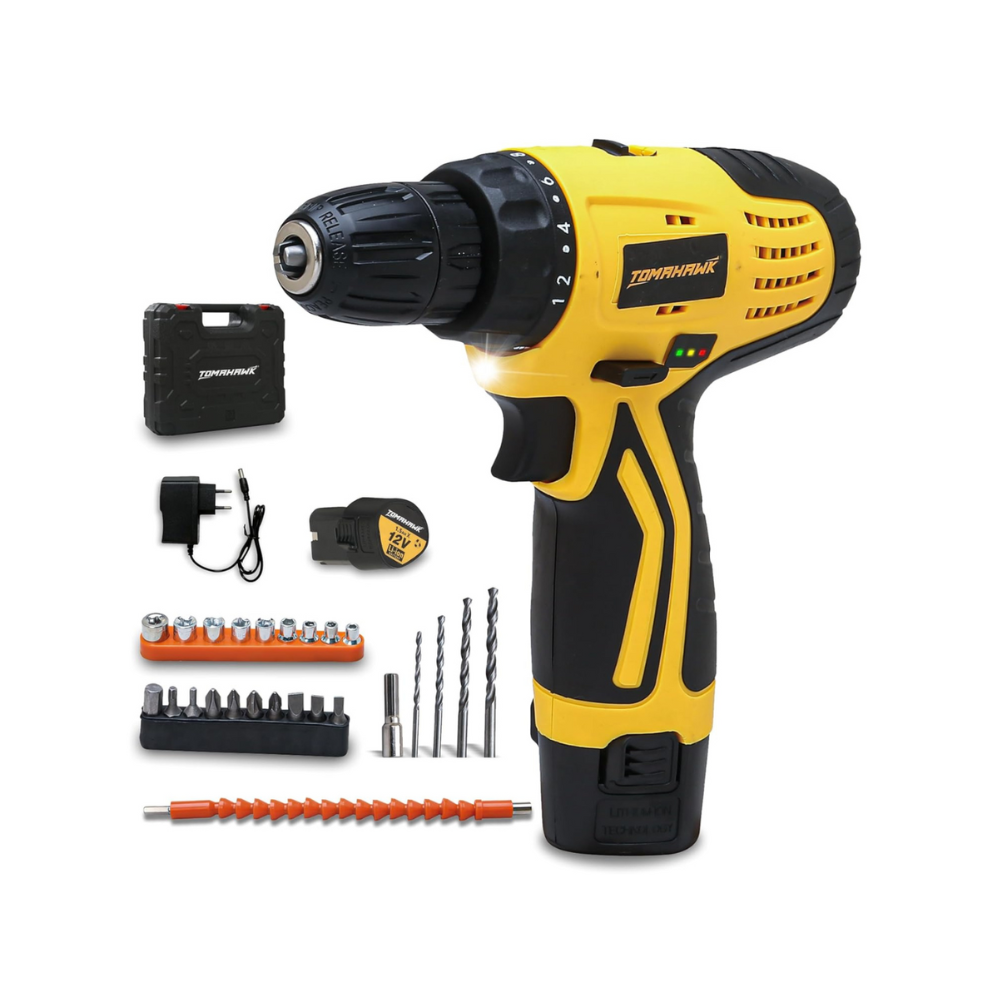 TOMAHAWK® T7385 12V Cordless Screwdriver and Drill Set - 25pcs, Two-Speed, Compact and Powerful - 1350 RPM - Reversible switch Multi-Torque Clutch, 10mm Keyless Chuck - 2x1.5Ah Battery