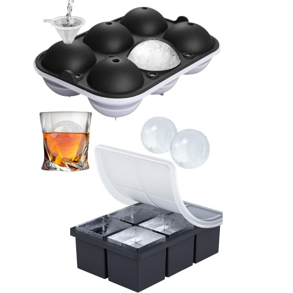 SPRQCART Ice Cube Trays (Set of 2), Sphere Ice Ball Maker with Lid & Large Square Ice Cube Maker for Whiskey, Cocktails and Homemade, Keep Drinks Chilled (Square & Round Ice Cubes)