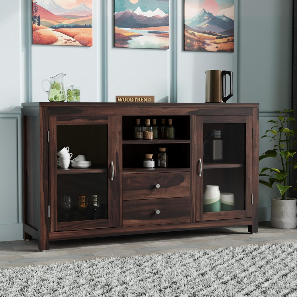 WOODTREND Solid Wooden Crockery Cabinet for Kitchen & Dining Room | Side Board Cabinet with Drawers & Door (Walnut)