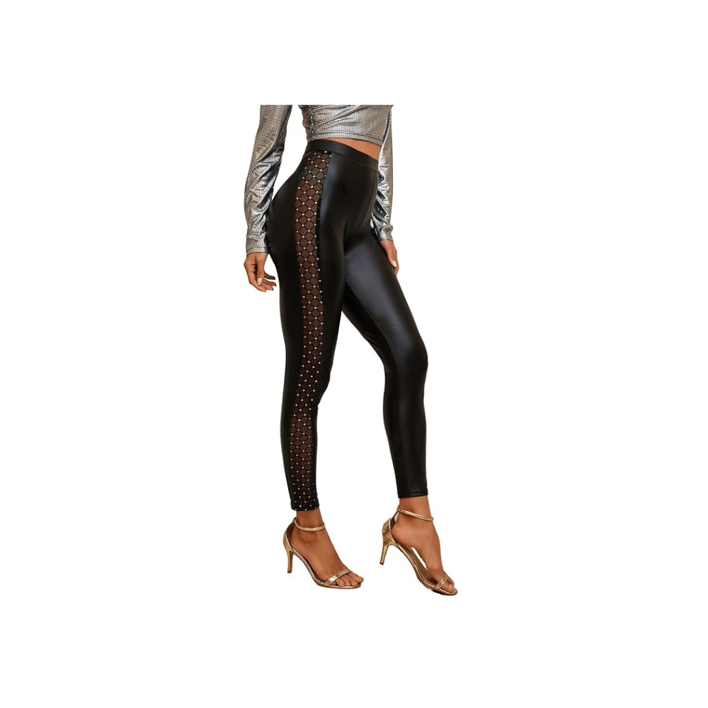 QUECY® Women's High Waist Skinny Jeans PU Leather Stretch Leggings Pants Solid Dark Black XL