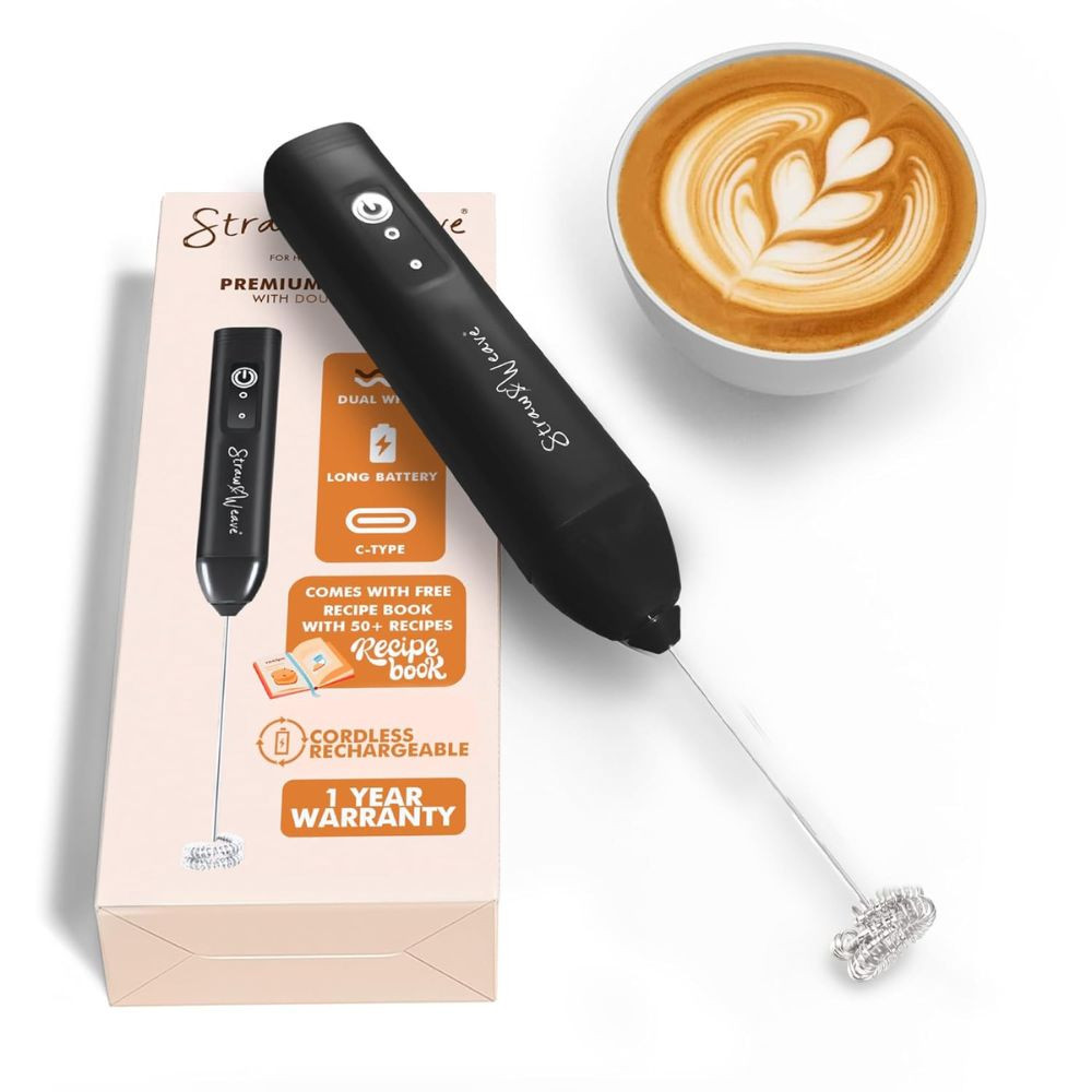 Coffee Frother Electric with Double Whisk  C Type Rechargeable Coffee Maker Machine for Home  1 Year Warranty  Free Coffee Blender Recipe Book  Big Battery 1 Charge = 15 Days Use