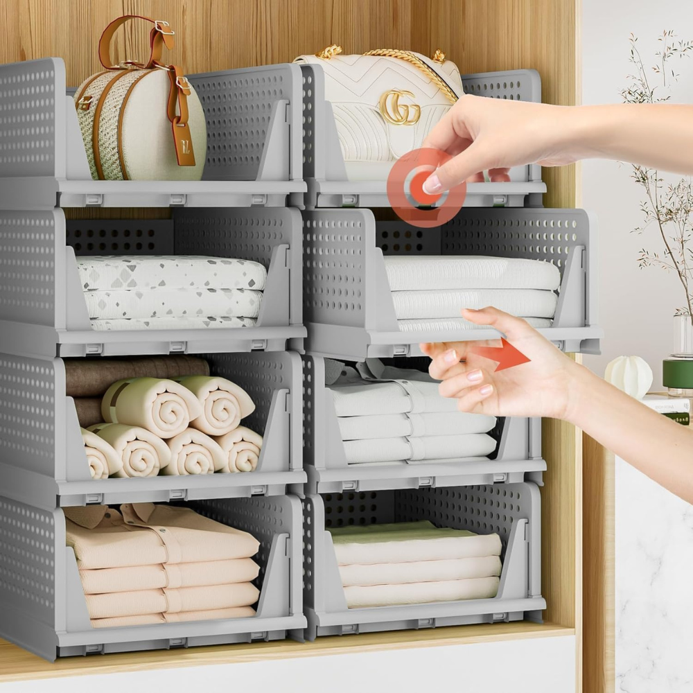VERAT Plastic Foldable & Stackable Organizers Rack  Drawer, Shelf Storage Container for Home Wardrobe & Cupboard (6 pcs), Grey