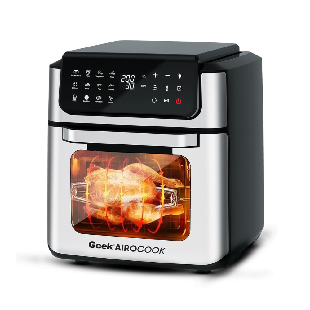 Geek AiroCook Helix 12 Litres Air fryer, 12 Preset Menus, 8-in-1 Digital Touch Oven with Airfry, Bake, Rotisserie, Grill, Toast, Broil, Dehydrate & Keep warm, Recipe Book (1700W) (Grey)