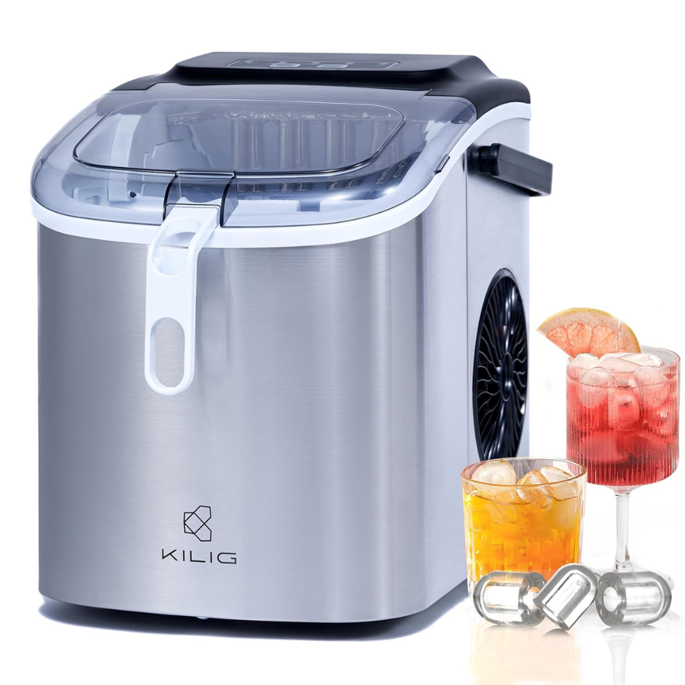 Kilig H01S Stainless Steel Ice Maker Machine 6 Mins 9 Bullet Ice, Portable Ice Maker Machine with Self-Cleaning, Ice Scoop, and Basket, Ice Maker for Kilig Home/Kitchen/Office/Party