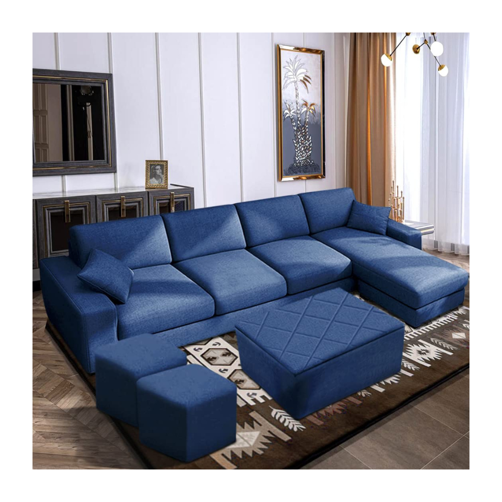 Casastyle Adonoy 8 Seater RHS L Shape Fabric Sofa Set with Ottoman & 2 Puffy (Blue)