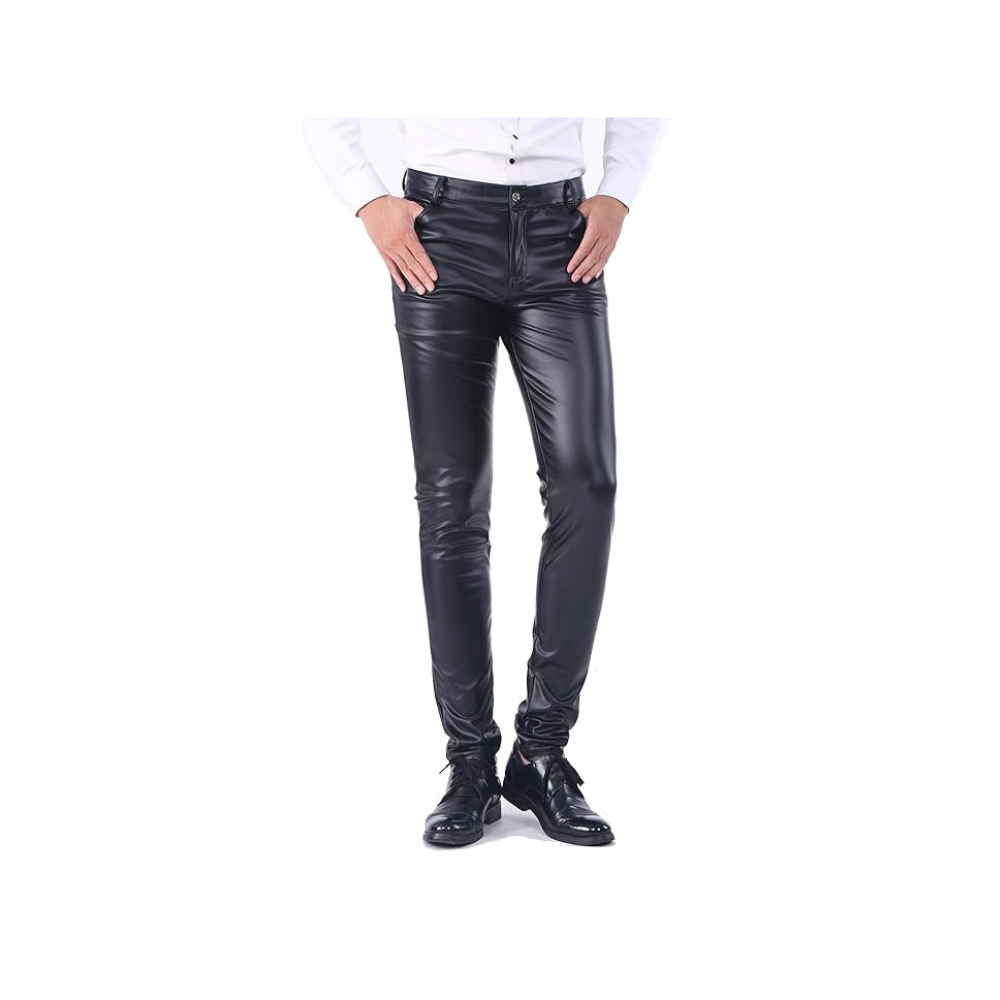 Idopy Men`s Business Slim Fit Five Pockets Faux Leather Pants Jeans