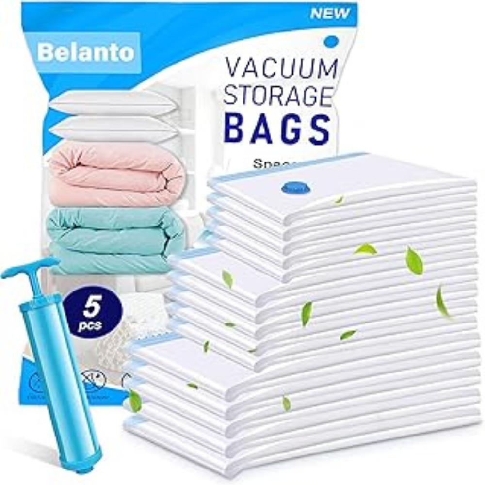 Belanto 5 Pack Vacuum Compression Storage Bags With Pump,Space Saver Vacuum Sealer Bag for Clothes,Blankets,Pillows,Bedding,Double-Zip Transparent Reusable Vacuum Bag for Travel Packing (2S+2M+1LSize)
