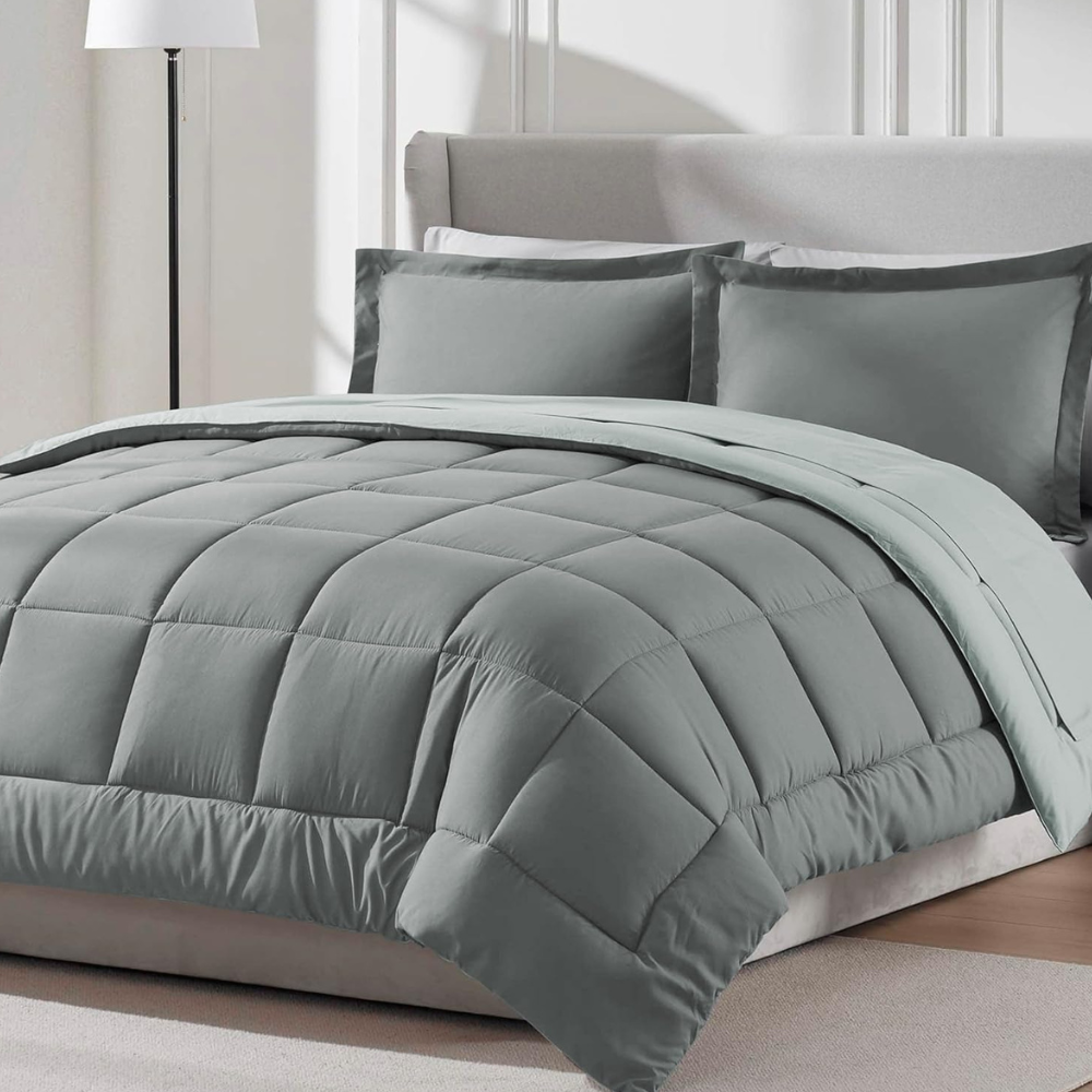 FURBO Microfiber Reversible 200 GSM AC Comforter Set Double Bed with 2 Pillow Covers, Quilt for Double Bed King Size for All Season Comfort (90x100 Inches, Ash Grey & Pearl Grey)