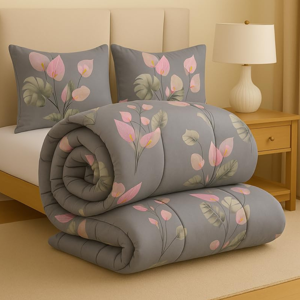 BSB HOME Premium Microfiber Printed Double Bed Comforter with 2 Matching Pillow Covers | All-Season Reversible AC Blanket for Winter & Summer | Soft & Lightweight Quilt for Double Bed -Slate Grey