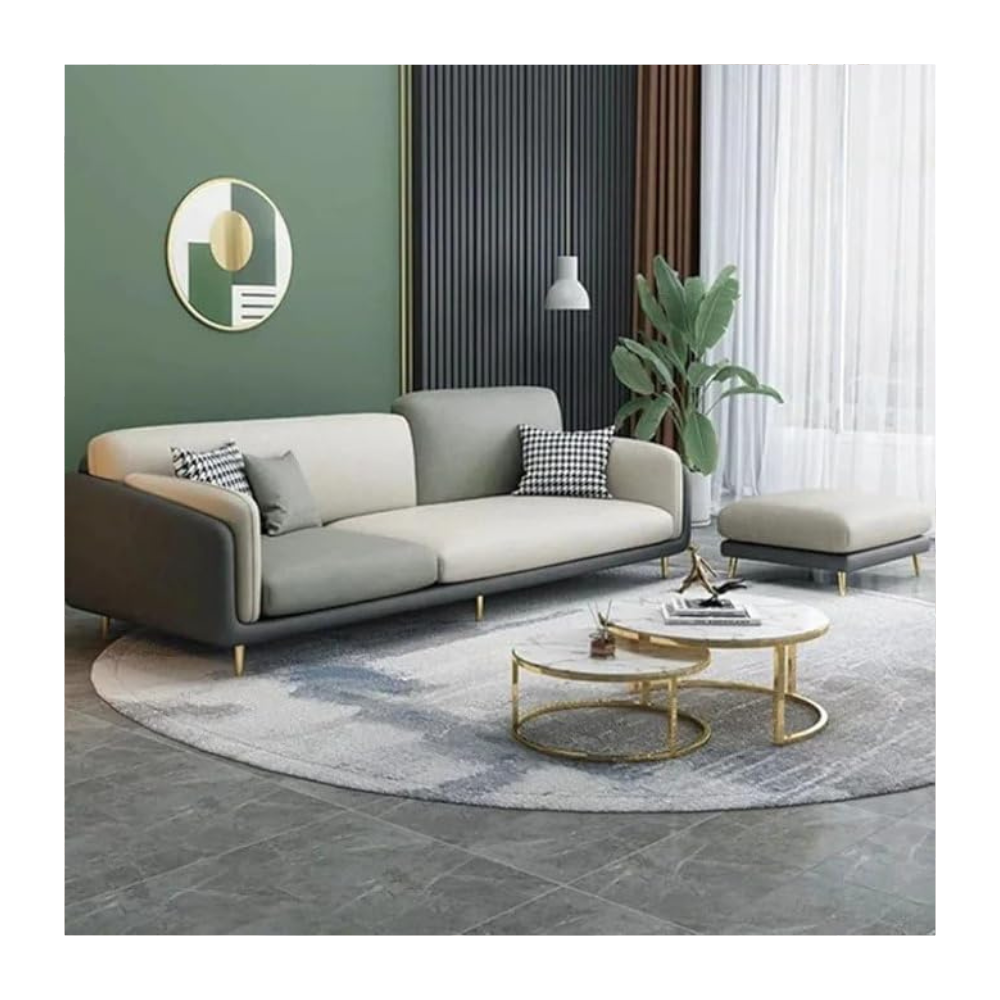 Western WOOD ART Modern & Luxury Cushioned Couch Relax sectional Sofa in Fabric & Velvet and Heavy Duty Sofa for bedrooms Living Rooms Guest Room Home and Office-(3 Seater with Puffy Grey & Beige).