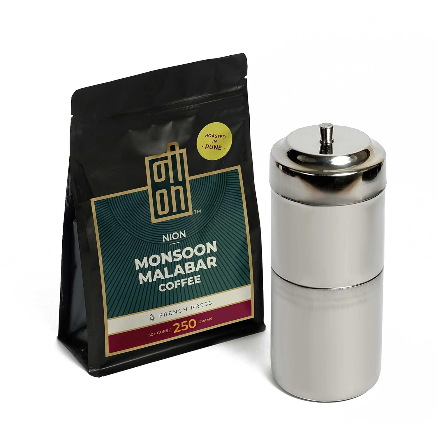 NION Monsoon Malabar Coffee Powder (250gm) + Filter Coffee Maker Machine | Coarse Grind | South Indian Authentic Robusta & Chicory Blend | Combo Pack | Starter Kit