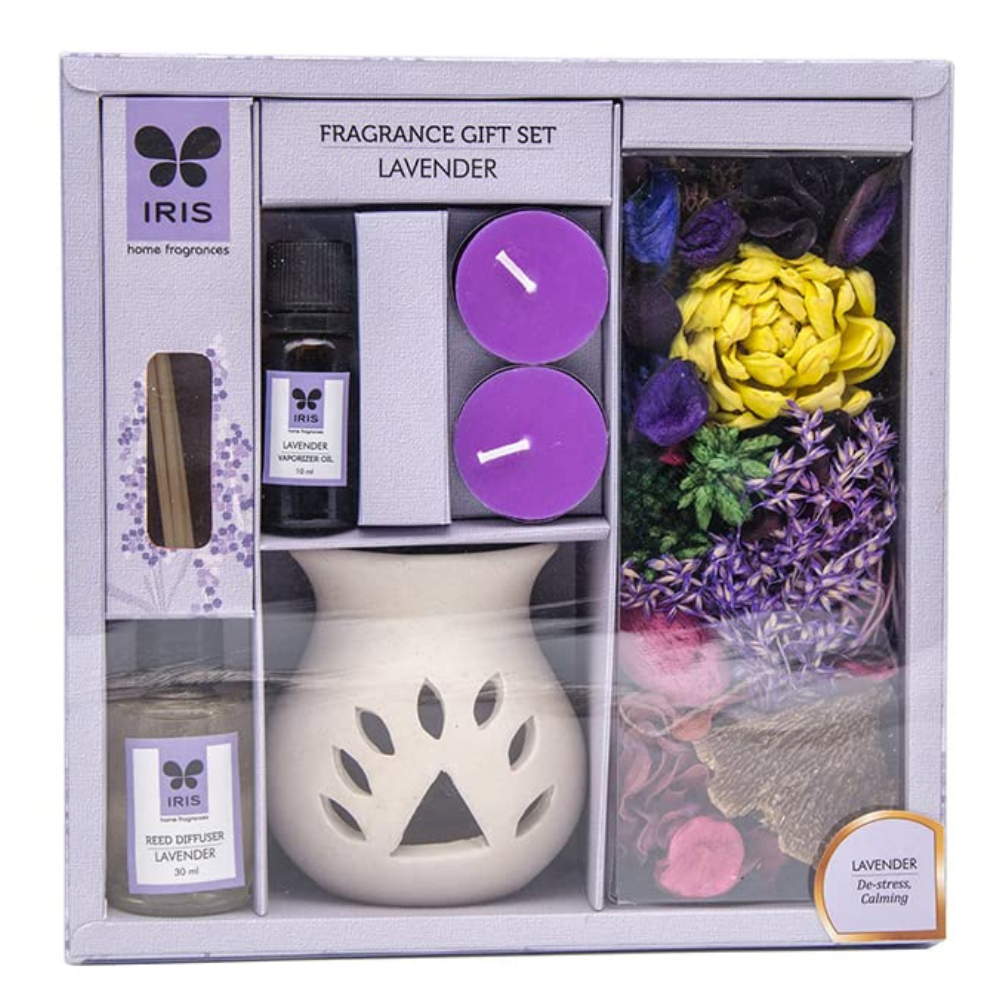 IRIS Fragrance Giftset Lavender|Home Fragrances for Fine Living|1 Ceramic Vaporizer Burner|10ml Vaporizer Oil,2 T-Lights|30ml Reed Diffuser Oil |4 Reed Sticks,100gm Fragranced Potpourri | Giftting