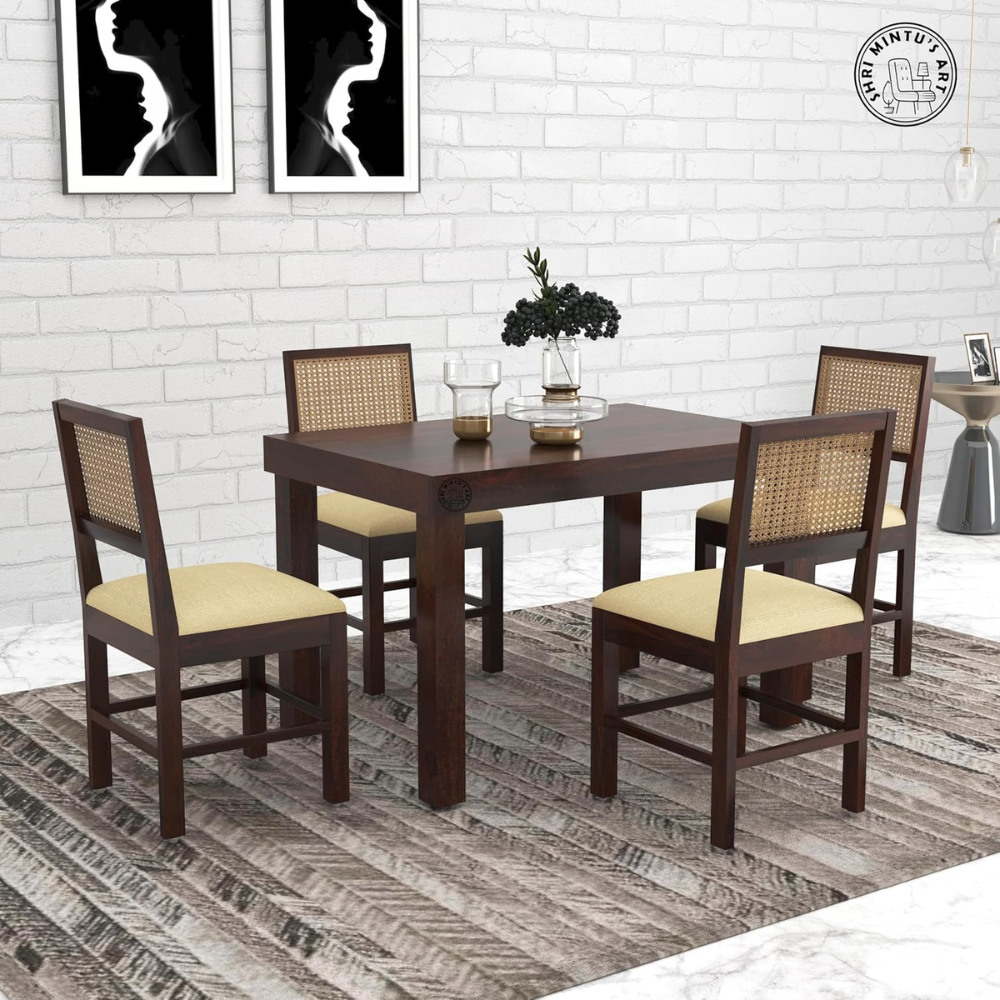 Shri Minut's Art Wooden 4 Seater Dining Table Set | Four Seater Dinning Table with Cushioned Chairs for Home | Dining Room Furniture for Kitchen & Restaurants | Solid Wood Sheesham, Walnut Finish