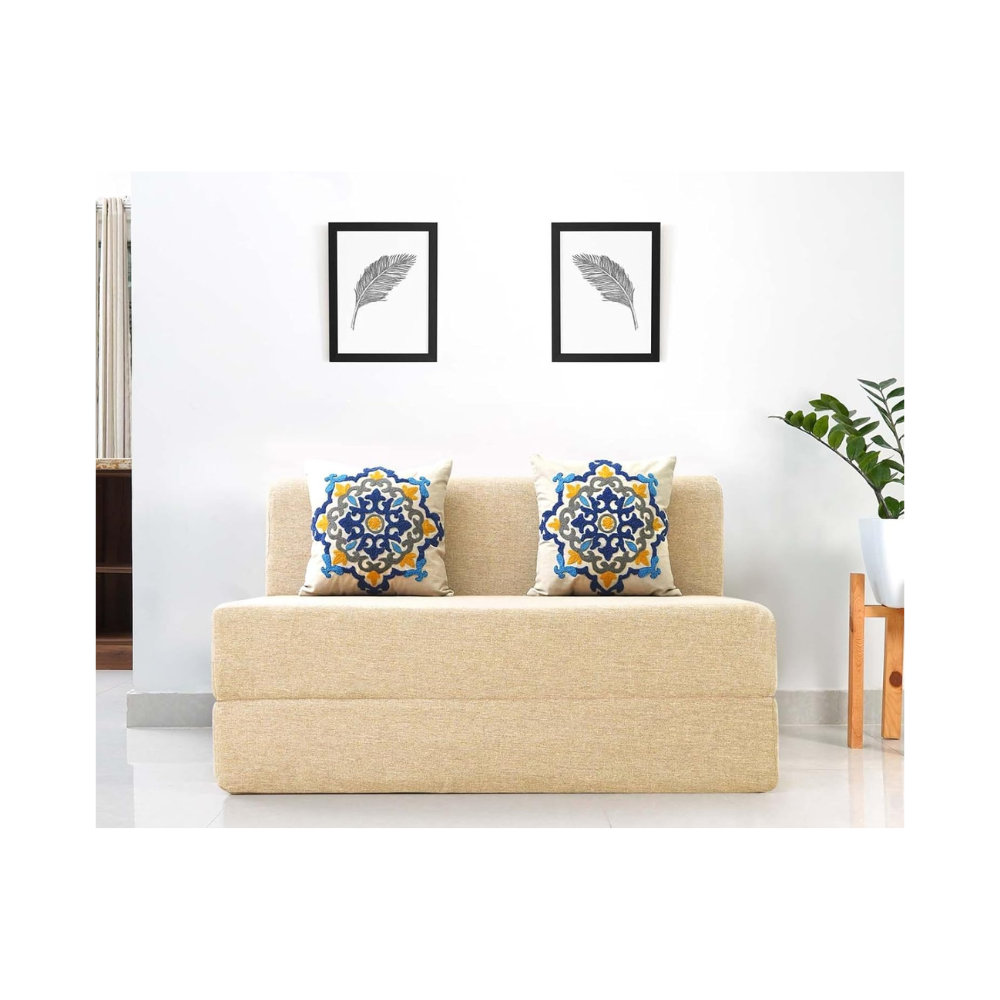 uberlyfe 2 Seater Sofa Cum Bed | Jute Fabric Washable Cover | 2 Cushions Blue Medallion Pattern | Beige | 4' X 6' Feet