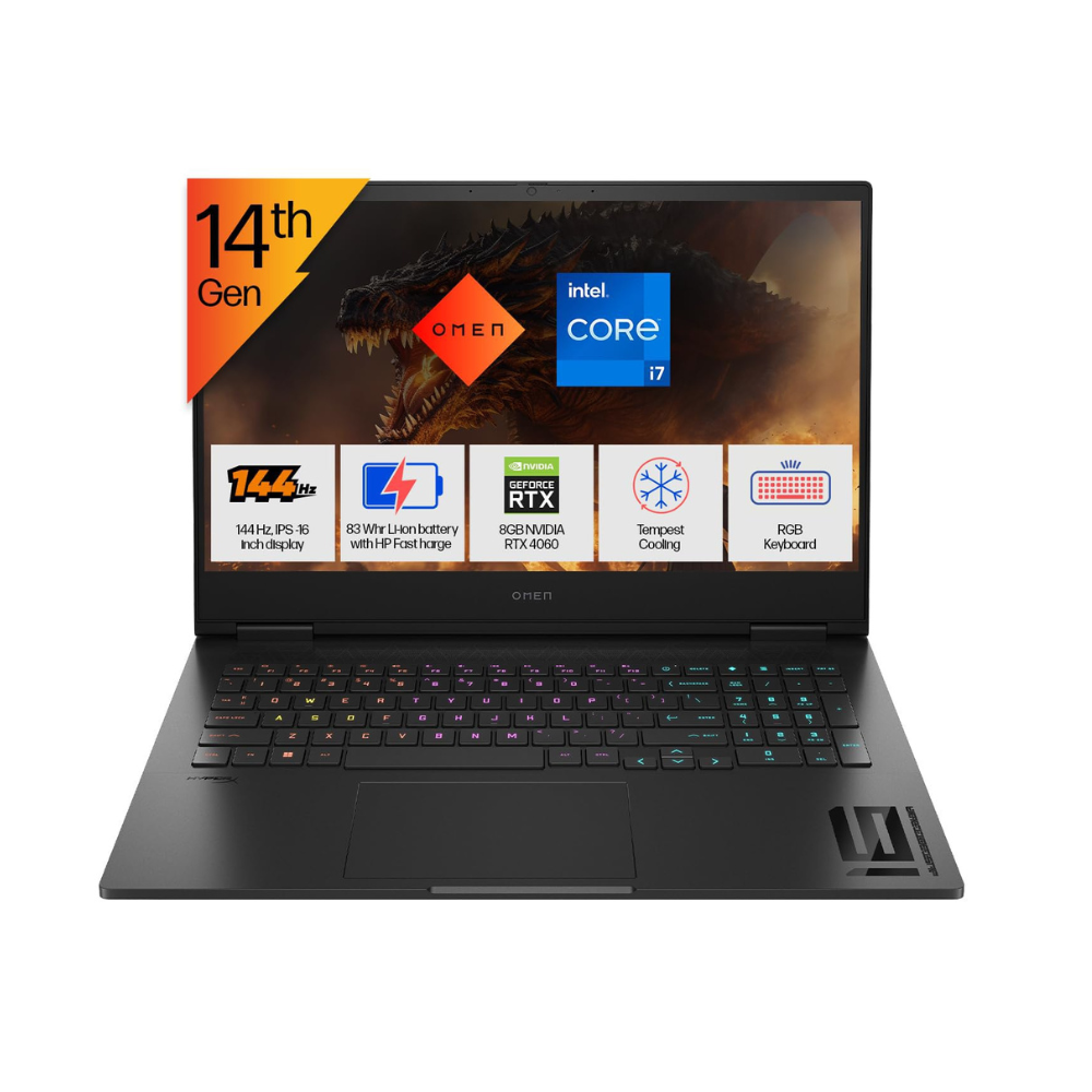 HP OMEN Gaming, 14th Gen Intel Core i7-14650HX, 8GB RTX 4060 (16GB DDR5, 1TB SSD) FHD, 144Hz, IPS, 16.1-inch (40.9 cm) Win11, Office21, Black, 2.39 kg, wf1150TX, RGB KB, Tempest Cooling Gaming Laptop