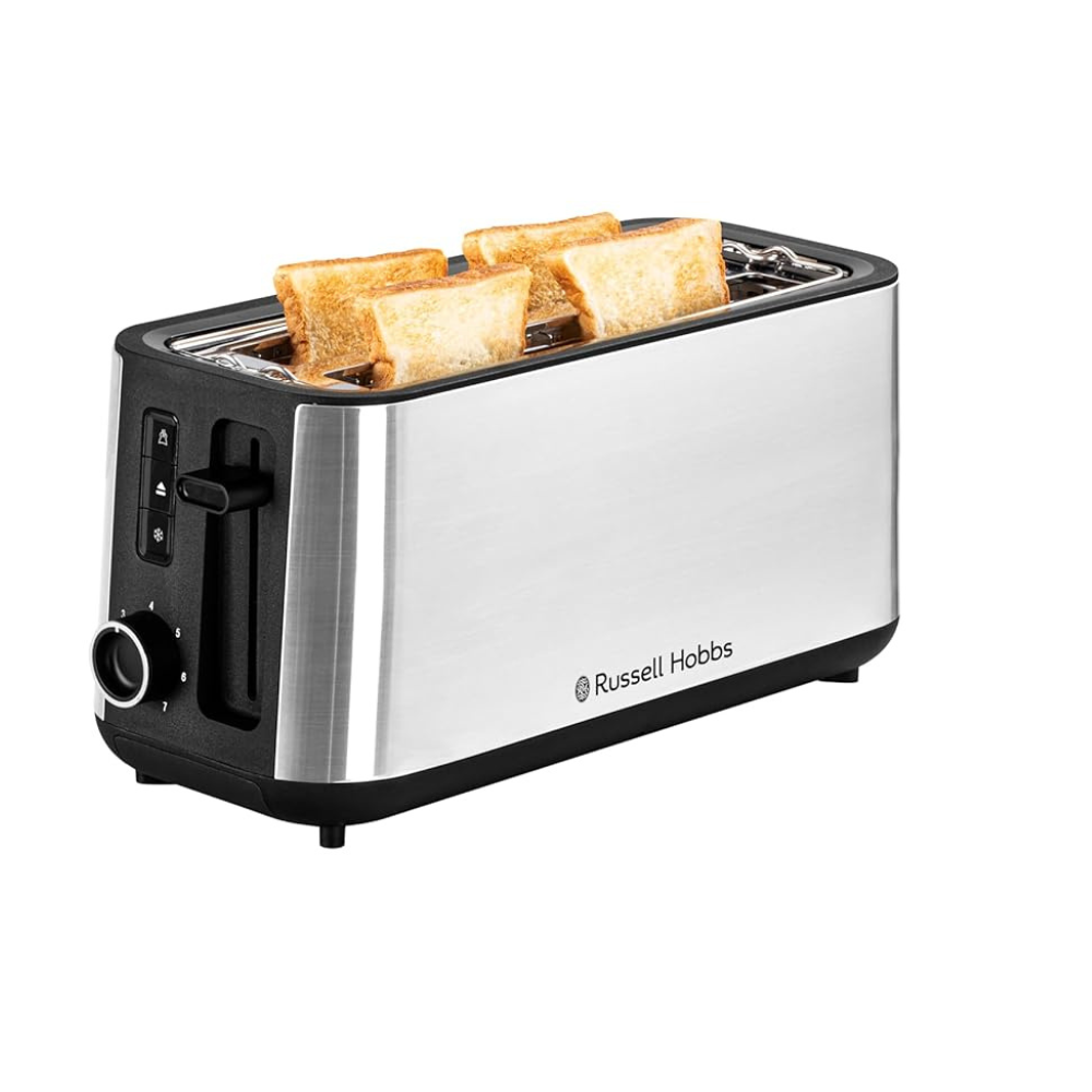 Russell Hobbs 17700 4-Slice Pop Up Toaster  1470 Watts Power  Extra Long Slots  Variable Browning Control  Bun Warmer, Cancel, Frozen & Reheat Functions  Removable Crumb Tray  2-Year Warranty